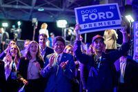People cheer as election results come in ahead of the arrival of Ontario Premier Doug Ford at the Ontario PC election night party at the Toronto Congress Centre in Etobicoke, Ontario, Canada June 2, 2022.