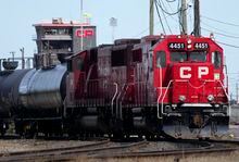 A Canadian Pacific Railway locomotive is shown at the main CP Rail train yard in Toronto on Monday, March 21, 2022. Canadian Pacific Railway Ltd. says it will officially combine with Kansas City Southern Railway Co. on April 14 under a new name, Canadian Pacific Kansas City.THE CANADIAN PRESS/Nathan Denette