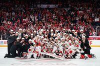 Team Canada poses while celebrating winning over Czechia during overtime of the IIHF World Junior Hockey Championship gold medal game in Halifax on Thursday, January 5, 2023. THE CANADIAN PRESS/Darren Calabrese