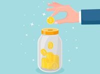Save money in glass jar. Hand throw gold coins in moneybox. Saving deposits. Investment in retirement. Wealth, income concept. Cash falling in bottle
