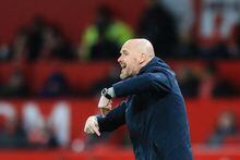 Manchester United's Dutch manager Erik ten Hag reacts during the English FA Cup fifth round football match between Manchester United and West Ham at Old Trafford in Manchester, north west England, on March 1, 2023. (Photo by Lindsey Parnaby / AFP) / RESTRICTED TO EDITORIAL USE. No use with unauthorized audio, video, data, fixture lists, club/league logos or 'live' services. Online in-match use limited to 120 images. An additional 40 images may be used in extra time. No video emulation. Social media in-match use limited to 120 images. An additional 40 images may be used in extra time. No use in betting publications, games or single club/league/player publications. /  (Photo by LINDSEY PARNABY/AFP via Getty Images)