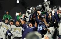 The Toronto Argonauts hoist the Grey Cup as they celebrate after defeating the Winnipeg Blue Bombers in the 109th Grey Cup at Mosaic Stadium in Regina, Sunday, Nov. 20, 2022. THE CANADIAN PRESS/Frank Gunn