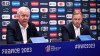 PARIS, FRANCE - OCTOBER 24:  Bill Beaumont, (L) the World Rugby chairman, and Alan Gilpin, the World Rugby chief executive face the media during the World Rugby media conference ahead of the Rugby World Cup France 2023 Final held at Roland Garros on October 24, 2023 in Paris, France. (Photo by David Rogers/Getty Images)