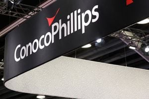 FILE PHOTO: The logo of American oil and natural gas exploration and production company ConocoPhillips is seen during the LNG 2023 energy trade show in Vancouver, British Columbia, Canada, July 12, 2023. REUTERS/Chris Helgren/File Photo