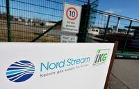 The logo of the landfall facilities of the 'Nord Stream 1' gas pipeline are pictured in Lubmin, Germany, March 8, 2022. REUTERS/Hannibal Hanschke/Files