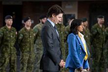 Prime Minister Justin Trudeau stands alongside Minister of National Defence Anita Anand in Toronto, on Friday,  February 24, 2023.  THE CANADIAN PRESS/Chris Young 