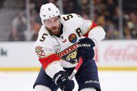 BOSTON, MASSACHUSETTS - OCTOBER 17: Aaron Ekblad #5 of the Florida Panthers skates against the Boston Bruins during the second period at TD Garden on October 17, 2022 in Boston, Massachusetts. (Photo by Maddie Meyer/Getty Images)