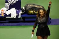 Aug 29, 2022; Flushing, NY, USA; Serena Williams (USA) waves to the crowd after her match against Danka Kovinic (MNE) (not pictured) on day one of the 2022 U.S. Open tennis tournament at USTA Billie Jean King National Tennis Center. Mandatory Credit: Geoff Burke-USA TODAY Sports