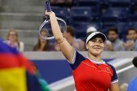 Sep 2, 2021; Flushing, NY, USA; Bianca Andreescu of Canada salutes the fans after her match against Lauren Davis of the United States (not pictured) on day four of the 2021 U.S. Open tennis tournament at USTA Billie Jean King National Tennis Center. Mandatory Credit: Geoff Burke-USA TODAY Sports