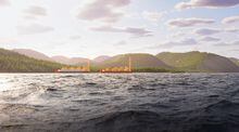 Artist’s rendition of floating LNG facilities envisaged by Ksi Lisims LNG, which hopes to export liquefied natural gas from Wil Milit on Pearse Island on British Columbia’s north coast.Source: Ksi Lisims LNG--