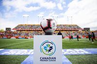 The game ball sits on a pedestal ahead of the inaugural soccer match of the Canadian Premier League between Forge FC of Hamilton and York 9 in Hamilton, Ont., Saturday, April 27, 2019. THE CANADIAN PRESS/Aaron Lynett                                                                                                                                                                                                             