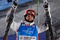 Mikael Kingsbury of Canada celebrates his win in the men's dual moguls World Cup competition Saturday, Feb. 4, 2023, in Park City, Utah. THE CANADIAN PRESS/AP/Jeff Swinger