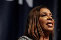 FILE PHOTO: New York Attorney General Letitia James delivers remarks at the New York Democratic party 2022 State Nominating Convention in Manhattan in New York City, U.S., February 17, 2022. REUTERS/Mike Segar/File Photo