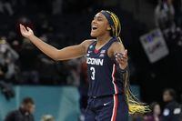 UConn’s Aaliyah Edwards reacts after a college basketball game in the semifinal round of the Women’s Final Four NCAA tournament Friday, April 1, 2022, in Minneapolis. UConn won 63-58 to advance to the finals. (AP Photo/Eric Gay)