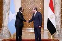 A handout picture released by the Egyptian Presidency shows Egyptian president Abdel Fattah al-Sisi (R) welcoming Somalia's President Hassan Sheikh Mohamud, at Ittihadiya Palace in Cairo, on January 21, 2024. (Photo by Egyptian Presidency / AFP) / === RESTRICTED TO EDITORIAL USE - MANDATORY CREDIT "AFP PHOTO / HO / EGYPTIAN PRESIDENCY" - NO MARKETING NO ADVERTISING CAMPAIGNS - DISTRIBUTED AS A SERVICE TO CLIENTS === (Photo by -/Egyptian Presidency/AFP via Getty Images)