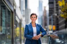 Rania llewellyn, the new CEO for Laurentian Bank, stands for a portrait outside one of their branches in downtown Toronto on October 20, 2020.  /Aaron Vincent Elkaim for the Globe and Mail