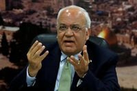 Chief Palestinian negotiator Saeb Erekat speaks to the media in Ramallah, in the Israeli-occupied West Bank, on July 1, 2019.