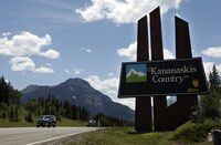 The welcome to Kananaskis Country sign where the G8 leaders will meet in the Canadian Rocky Mountains some 70 kilometers west of downtown Calgary, JUne 24, 2002. The G8 Leaders arrive June 25 for their two day meeting behind extremely tight security.