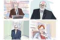 Defence lawyer Boris Bytensky, clockwise from top left, father of the accused Vahe Minassian, Justice Anne Malloy, and defendant Alek Minassian are shown during a murder trial conducted via Zoom videoconference, in this courtroom sketch on Monday, Nov. 16, 2020. THE CANADIAN PRESS/Alexandra Newbould