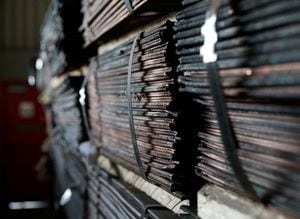 Raw copper from Zambia awaits export in a warehouse at Newlyn Terminal at Bayhead at the port in Durban, South Africa, April 4, 2024.