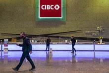 The new CIBC logo displayed the the lobby of its headquarters in Toronto on Monday, Oct. 25, 2021. CIBC reported its fourth-quarter profit fell to $1.19 billion compared with $1.44 billion in the same quarter last year as its provisions for credit losses climbed higher. THE CANADIAN PRESS/Evan Buhler