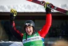 Canada's Reece Howden celebrates his first place finish following the men's final at the World Cup ski cross event at Nakiska Ski Resort in Kananaskis, Alta., Saturday, Jan. 18, 2020. Howden led from start to finish to win gold at the skicross World Cup Finals on Friday and secure the crystal globe as the overall season leader. THE CANADIAN PRESS/Jeff McIntosh