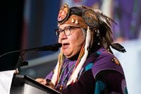 Assembly of First Nations National Chief RoseAnne Archibald speaks during her closing address at the Assembly of First Nations Special Chiefs Assembly in Ottawa, Thursday, Dec. 8, 2022. Archibald says the Pope's willingness to return Indigenous artifacts stored at the Vatican Museum suggests the items will make their way home. THE CANADIAN PRESS/Spencer Colby