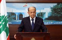 A handout picture provided by the Lebanese photo agency Dalati and Nohra on Sept. 21, 2020, shows President Michel Aoun talking to the press at the presidential palace, in Baabda.