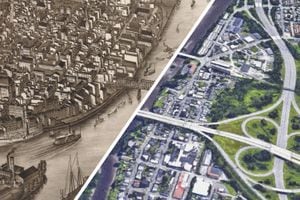 Troy, N.Y., illustrated at left as it looked in 1881, was a thriving city more densely vertical than it is today. On the other side of the Hudson River lies Watervliet, as represented in a matching Google Earth view.