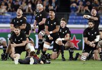 FILE - New Zealand's All Blacks perform their haka ahead of the start of the Rugby World Cup Pool B game between New Zealand and South Africa in Yokohama, Japan, Sept. 21, 2019. New Zealand beat South Africa 23-13. (AP Photo/Shuji Kajiyama, File)