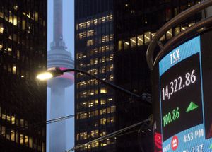 Despite a down year a sign board displays the TSX's upbeat close on the final day of the year, in Toronto's financial district on Monday, Dec. 31, 2018. THE CANADIAN PRESS/Frank Gunn