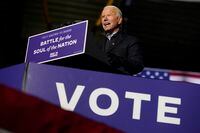 Democratic presidential candidate former Vice President Joe Biden speaks during a drive-in rally at Heinz Field, Monday, Nov. 2, 2020, in Pittsburgh.