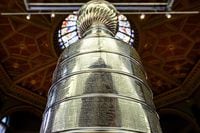 Former Chicago Blackhawks trainer Brad Aldrich’s name, etched on a replica of the Stanley Cup, is photographed in the Hockey Hall of Fame, in Toronto, on Friday, October 29, 2021. (Christopher Katsarov/The Globe and Mail)