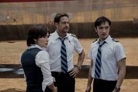 Daniella Pineda as Bonnie Lane, Gerard Butler as Brodie Torrance, and Yoson An as Samuel Dele in Plane.