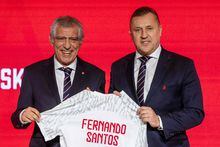 Newly appointed head coach of the Polish national football team Fernando Santos (L) and the president of the Polish Football Association Cezary Kulesza (R) pose with a shirt bearing the name of Fernando Santos during his presentation to the press at the national stadium in Warsaw, on January 24, 2023. - Santos, 68, succeeds Czeslaw Michniewicz, who was sacked last month following a last-16 appearance at the World Cup in Qatar. (Photo by Wojtek RADWANSKI / AFP) (Photo by WOJTEK RADWANSKI/AFP via Getty Images)