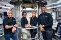 This photo provided by Axiom Space in 2023 shows astronauts, from left, John Shoffner, Rayyanah Barnawi, Peggy Whitson and Ali al-Qarni. (Axiom Space via AP)