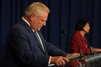 Ontario Premier Doug Ford and Toronto Mayor Olivia Chow attend a news conference following their meeting  at the Queens Park Legislature in Toronto on Monday, Sept.18, 2023. THE CANADIAN PRESS/Chris Young