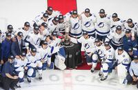 Tampa Bay Lightning pose with the Prince of Wales trophy after defeating the New York Islanders during overtime NHL Eastern Conference final playoff action in Edmonton on Thursday, September 17, 2020.