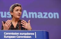 European Executive Vice-President Margrethe Vestager gives a news conference on antitrust case with Amazon website at European Commission in Brussels, Belgium November 10, 2020. Olivier Hoslet/Pool via REUTERS