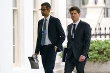 Alphabet CEO Sundar Pichai, left, and OpenAI CEO Sam Altman arrive to the White House for a meeting with Vice President Kamala Harris on artificial intelligence, Thursday, May 4, 2023, in Washington. (AP Photo/Evan Vucci)