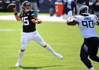 Jacksonville Jaguars quarterback Gardner Minshew attempts a pass during the first half against the Tennessee Titans at Nissan Stadium on Sept. 20. The Jagurs face the Miami Dolphins on Thursday night.