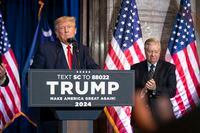 Former President Donald Trump and Sen. Lindsey Graham (R-Ga.), right, during a campaign event in Columbia, S.C., on Jan. 28, 2023. Trump refused to say he would support the next Republican presidential nominee if it was not him, exposing a potential quagmire along the party’s path toward reclaiming the White House in 2024 and showcasing, once again, the former president’s transactional spin on political loyalty. (Nicole Craine/The New York Times)