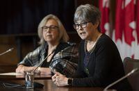 Green Party of Canada Leader Elizabeth May looks on as Valorie Masuda, a palliative care doctor speaks about access to medical psilocybin for Canadians with treatment-resistant illnesses on Tuesday, Feb. 14, 2023, in Ottawa. THE CANADIAN PRESS/Adrian Wyld