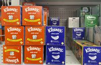 Boxes of Kleenex tissues are seen on a store shelf in Montreal, Friday, August 25, 2023. U.S. manufacturer Kimberly-Clark says its Kleenex consumer facial tissue business is leaving Canada this month. THE CANADIAN PRESS/Christinne Muschi