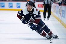 Colorado Avalanche left wing Gabriel Landeskog (92) skates against the Winnipeg Jets during the third period of an NHL hockey game Thursday, Jan. 6, 2022, in Denver. (AP Photo/Jack Dempsey)