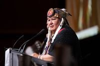 Assembly of First Nations National Chief RoseAnne Archibald speaks during the AFN annual general meeting, in Vancouver, on Tuesday, July 5, 2022. Archibald says it's wrong for a charity that raises money for the Roman Catholic Church to be soliciting donations from those wishing to see Pope Francis during his visit to apologize for its role in residential schools. THE CANADIAN PRESS/Darryl Dyck