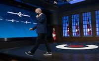 Conservative leader Erin O'Toole leaves the set where he spend much of the election following a news conference Tuesday, September 21, 2021 in Ottawa.THE CANADIAN PRESS/Adrian Wyld