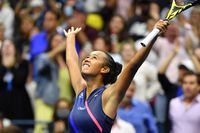 Canada's Leylah Fernandez celebrates after winning her 2021 US Open Tennis tournament women's singles third round match against Japan's Naomi Osaka at the USTA Billie Jean King National Tennis Center in New York, on September 3, 2021. (Photo by Ed JONES / AFP) (Photo by ED JONES/AFP via Getty Images)