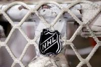 The NHL logo is seen on a goal at a Nashville Predators practice rink in Nashville, Tenn. on Sept. 17, 2012. Deputy Commissioner Bill Daly told The Associated Press on Sunday that the NHL and NHL Players’ Association have agreed on protocols to resume the season. THE CANADIAN PRESS/AP/Mark Humphrey