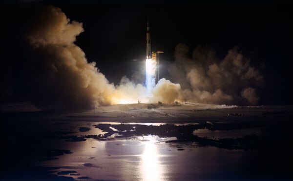 The huge, 363-feet tall Apollo 17 (Spacecraft 114/Lunar Module 12/Saturn 512) space vehicle is launched from Pad A, Launch Complex 39, Kennedy Space Center (KSC), Florida, at 12:33 a.m. (EST), Dec. 7, 1972. Apollo 17, the final lunar landing mission in NASA's Apollo program, was the first nighttime liftoff of the Saturn V launch vehicle. Aboard the Apollo 17 spacecraft were astronaut Eugene A. Cernan, commander; astronaut Ronald E. Evans, command module pilot; and scientist-astronaut Harrison H. Schmitt, lunar module pilot. Flame from the five F-1 engines of the Apollo/Saturn first (S-1C) stage illuminates the nighttime scene. A two-hour and forty-minute hold delayed the Apollo 17 launching.

Image Credit: NASA